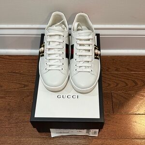 Gucci Women’s Tennis Sneakers with Pearls and Spike Embellishments Metallic 35